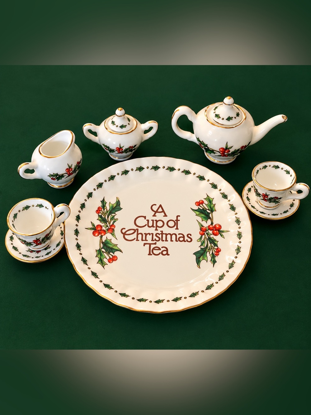 A Cup of Christmas Tea Miniature Porcelain Tea Set Holly Gold Trim
-8 Piece